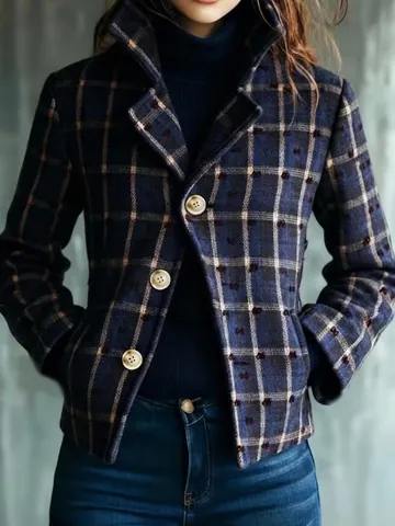 Damen Retro Kariert Blazer Jacke Revers Spleißen Knopf Warm Herbst Winter Anzug Oberbekleidung Casual Mode Langarm Mantel