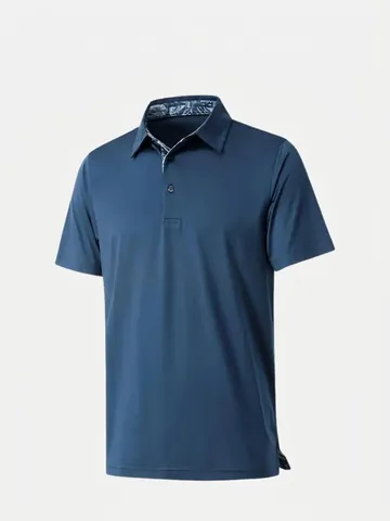 Polo de Manga Corta Casual de Negocios para Hombre Poliéster Transpirable Color Sólido Top con Detalle de Cuello Estampado