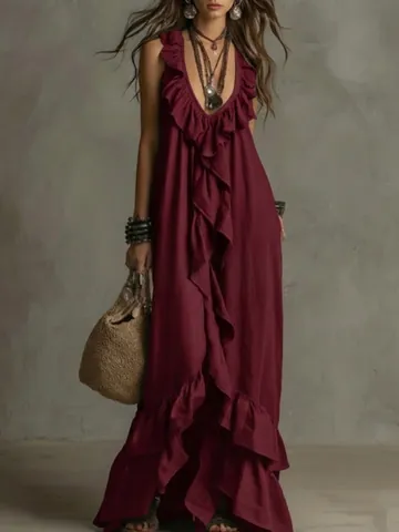 Boho Damen V-Ausschnitt Ärmellos Rüschen Patchwork Maxikleid Elegant Einfarbig Gewebtes Langes Kleid Für Sommer Strand Urlaub