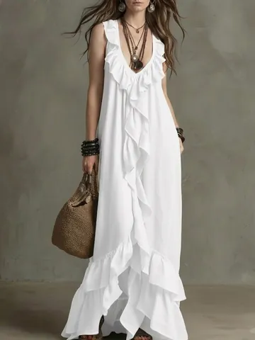 Boho Damen V-Ausschnitt Ärmellos Rüschen Patchwork Maxikleid Elegant Einfarbig Gewebtes Langes Kleid Für Sommer Strand Urlaub