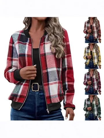 Women Retro Plaid Printed Zipper Jacket Long Sleeve Slim Fit Bomber Jacket Polyester Outerwear For Casual Daily Top
