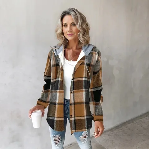 Women Plaid Hooded Shacket Casual Long Sleeve Button Down Shirt Jacket Loose Fit Contrast Color Autumn Winter Outerwear Top