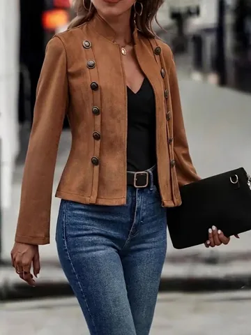 Women Retro Faux Suede Double Breasted Jacket Slim Fit Stand Collar Long Sleeve Short Outerwear Top For Autumn Casual Daily