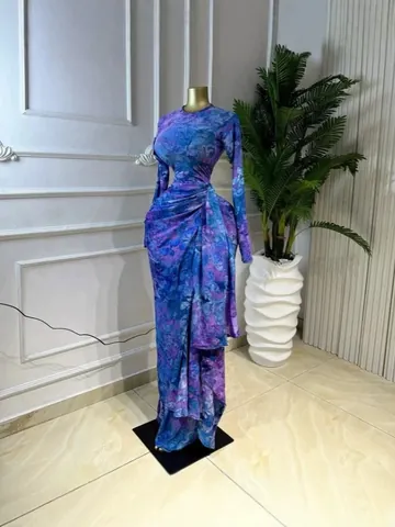 Women's Elegant Ruched Print Maxi Dress Long Sleeve Round Neck Polyester Bodycon Floral Gown For Wedding Party Holiday