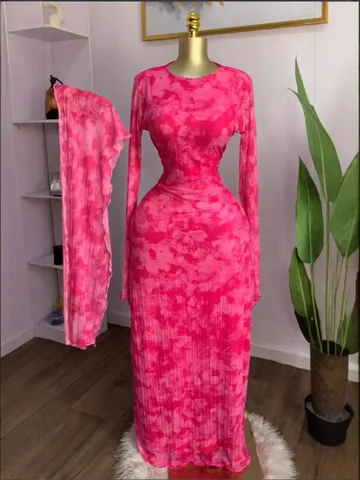 Damen Elegant Batik Druck Maxi Kleid Set Mit Schal Langarm Rundhalsausschnitt Slim Fit Polyester Robe
