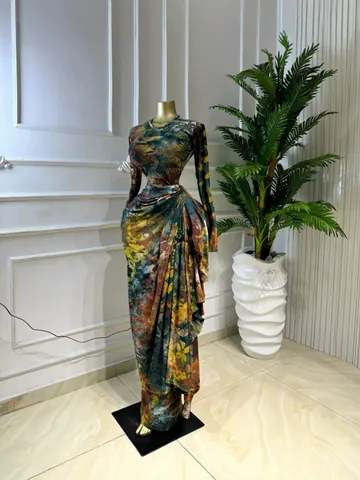 Women's Elegant Ruched Print Maxi Dress Long Sleeve Round Neck Polyester Bodycon Floral Gown For Wedding Party Holiday