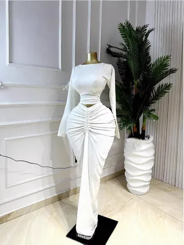 Women Ruched Long Sleeve Top And Maxi Skirt Polyester Solid Color Slim Fit Top And Bottom For Party Casual Daily Wear