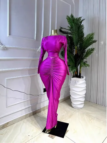 Women Ruched Long Sleeve Top And Maxi Skirt Polyester Solid Color Slim Fit Top And Bottom For Party Casual Daily Wear