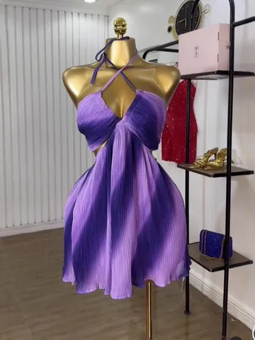 Vestido Mini Plisado para Mujer Degradado Púrpura Cuello Halter Lazada Espalda Descubierta Dulce Fresco Sin Mangas para Vacaciones