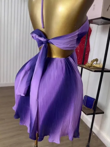 Vestido Mini Plisado para Mujer Degradado Púrpura Cuello Halter Lazada Espalda Descubierta Dulce Fresco Sin Mangas para Vacaciones