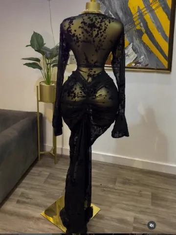Women Long Sleeve Mesh Flocking Floral Maxi Dress Sexy Bodycon Ruched Two-Piece Set With Inner Slip
