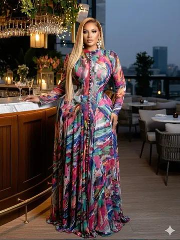 Sexy Tie-Dye Print Mesh Maxi Dress Long Sleeve Single Breasted Elegant Evening Party Formal Dress Polyester Women Clothing