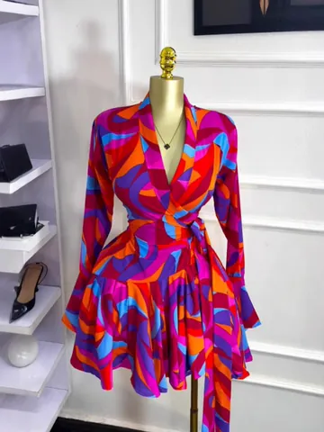 Women Abstract Geometric Printed Mini Dress Elegant V-Neck Long Sleeve Belted Pleated Dress For Casual Vacation Party