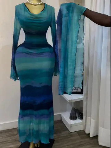 Vestito Maxi da Donna Elegante con Stampa Tie Dye Top And Bottom Manica Lunga Girocollo Aderente Abbigliamento in Poliestere con Sciarpa
