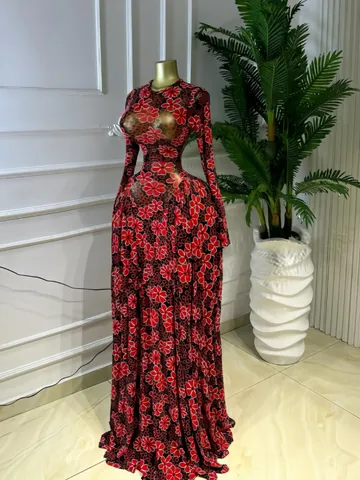 Robe Longue Maxi à Col Rond et Manches Longues pour Femmes avec Imprimé Floral en Mesh Transparent Élégante en Polyester