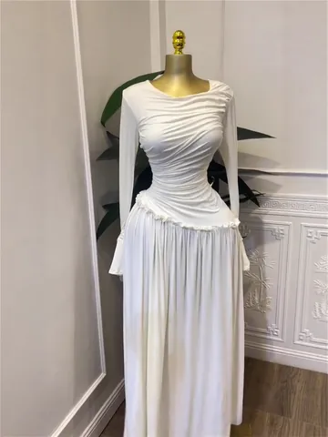 Elegant Long Sleeve Ruched Maxi Dress For Women Pleated Ruffle Trim High Elasticity Bodycon Evening Party Prom Gown