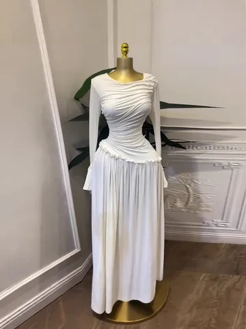 Elegant Long Sleeve Ruched Maxi Dress For Women Pleated Ruffle Trim High Elasticity Bodycon Evening Party Prom Gown