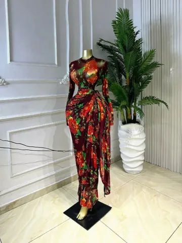 Robe Longue Femme Sexy Transparente en Maille Imprimé Floral Manches Longues Col Montant Robe Maxi Froncée Plissée Vacances Plage Fête Robe Bodycon