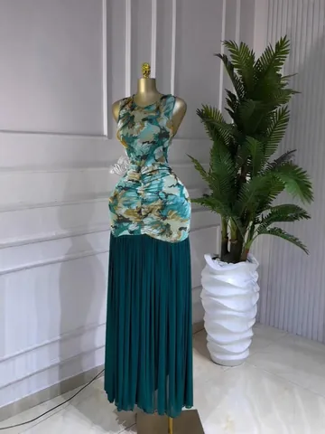 Women Elegant Round Neck Sleeveless Tie-Dye Print Patchwork Pleated Maxi Dress Slim Fit Polyester Long Dress For Party Casual