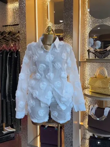 Women Polyester Organza Top And Bottom With 3D Rose Floral Applique Long Sleeve Shirt Shorts Casual Fashion Set