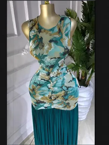 Women Elegant Round Neck Sleeveless Tie-Dye Print Patchwork Pleated Maxi Dress Slim Fit Polyester Long Dress For Party Casual