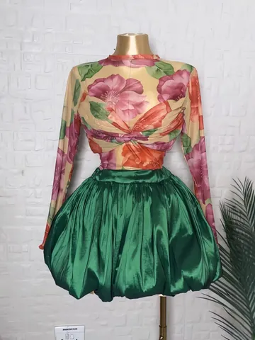 Set Top E Parte Inferiore in Mesh Floreale da Donna Elegante Maglietta Pieghettata a Maniche Lunghe E Gonna Corta a Sbuffo