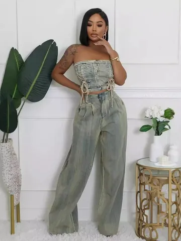 Conjunto de Mezclilla Lavada para Mujer Top Bandeau Sin Tirantes y Pantalones de Pierna Ancha Cintura Alta Dos Piezas Outfits