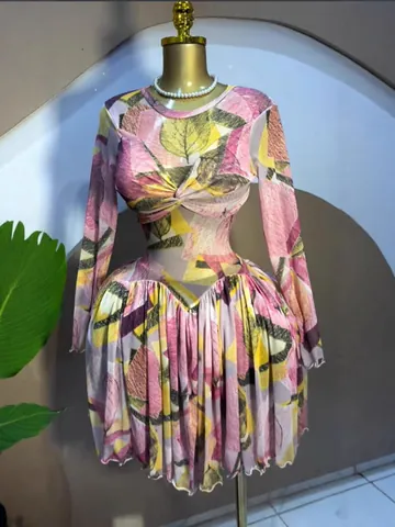 Robe Courte en Maille Transparente pour Femme Imprimé Feuille Manches Longues Détail de Nœud Plissé Robe de Soirée