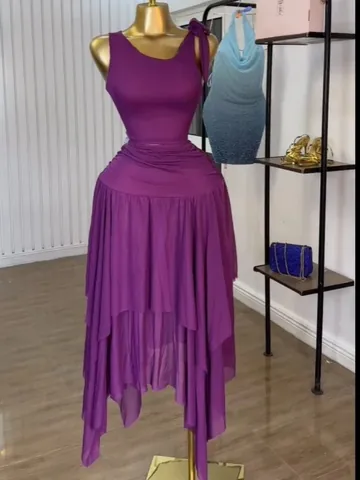 Women's Elegant Purple Polyester Top And Bottom Camisole Vest High Waist Irregular Hem Mid-Length Skirt Smocked Leisure Skirt Set