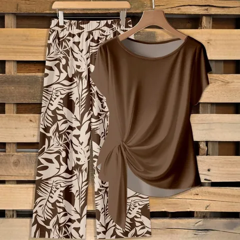 Women Two Piece Set Short Sleeve Knot Top And Wide Leg Printed Pants Casual Polyester Loungewear Summer Outfit For Women