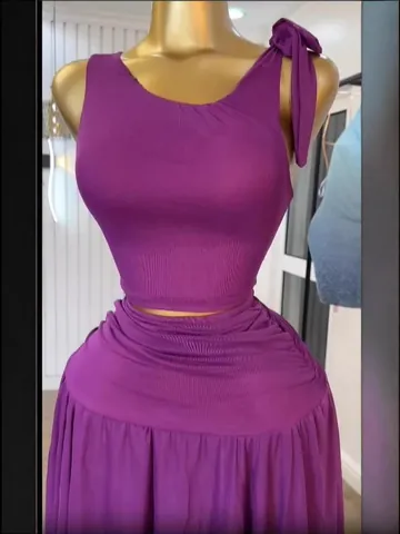 Women's Elegant Purple Polyester Top And Bottom Camisole Vest High Waist Irregular Hem Mid-Length Skirt Smocked Leisure Skirt Set