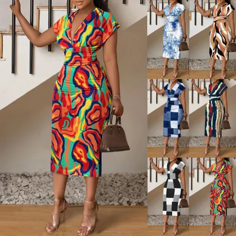 Women V-Neck Slim Bodycon Print Midi Dress Sexy Short Sleeve Polyester Office Lady Cocktail Party Dress