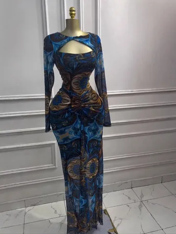 Women Sexy Mesh Print Long Sleeve Cutout Ruched Maxi Dress Resort Style Elegant Slim Fit Bodycon Party Floor Length Dress
