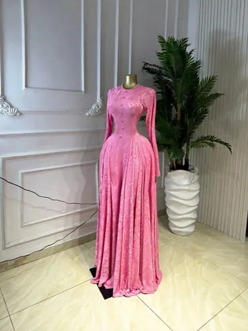 Women Elegant Floral Printed Maxi Dress Long Sleeve Round Neck Button Trim Banquet Evening Party Prom Gown Pink Large Flare Dress