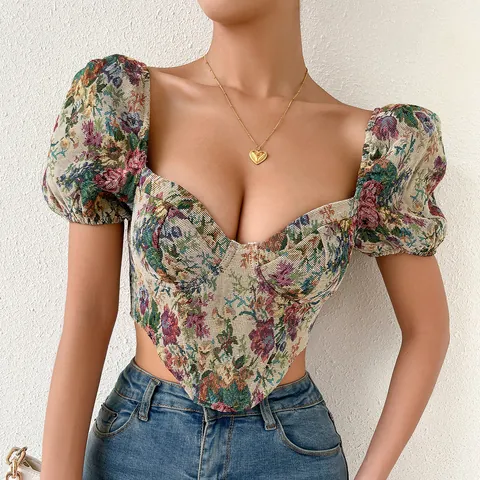 Women Vintage Floral Print Puff Sleeve Corset Top Sexy Sweetheart Neck Fishbone Slim Fit Cropped Camisole Backless Vest