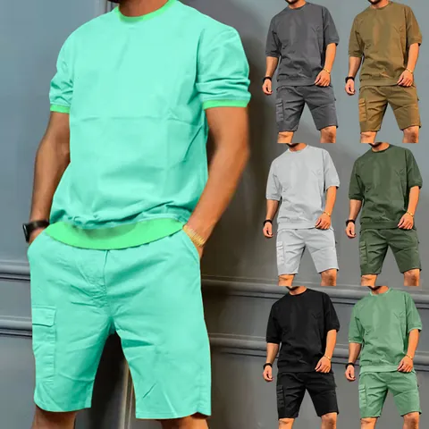 Men Summer Workwear Sports Set Top And Bottom Casual Short Sleeve T-Shirt Multi-Pocket Shorts Trendy Streetwear Set