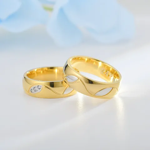 Geometrische Zweifarbige Titanstahl Paaringe Mode Strass Eingelegter Wellenring Für Herren Damen Gold Silber Schmuck