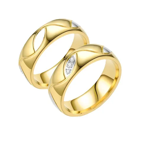 Geometrische Zweifarbige Titanstahl Paaringe Mode Strass Eingelegter Wellenring Für Herren Damen Gold Silber Schmuck