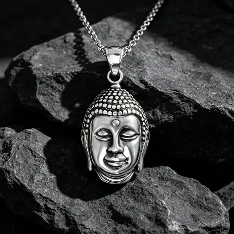 Vintage Titanium Steel Buddha Head Pendant Necklace For Men Religious Spiritual Jewelry Polished Stainless Steel Biker Chain