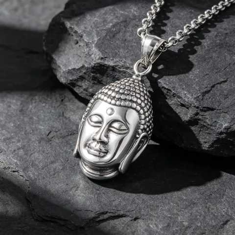 Vintage Titanium Steel Buddha Head Pendant Necklace For Men Religious Spiritual Jewelry Polished Stainless Steel Biker Chain
