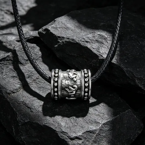 Collar de Colgante de Mantra Budista de Acero Inoxidable Retro Cilíndrico Seis Palabras Om Mani Padme Hum Joyería Étnica para Hombre Mujer