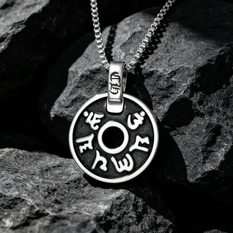 Vintage Titanium Steel Men Necklace Sanskrit Mantra Circular Pendant Polished Box Chain Religious Tibetan Script Jewelry