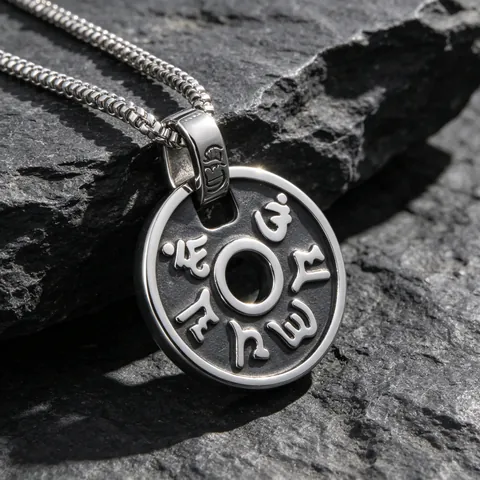 Vintage Titanium Steel Men Necklace Sanskrit Mantra Circular Pendant Polished Box Chain Religious Tibetan Script Jewelry