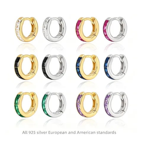925 Sterling Zilver Gekleurde Zirkonia Oorknoppen Voor Dames Luxe Kleine Goud Witgoud Vergulde Geometrische Ronde Huggie Sieraden