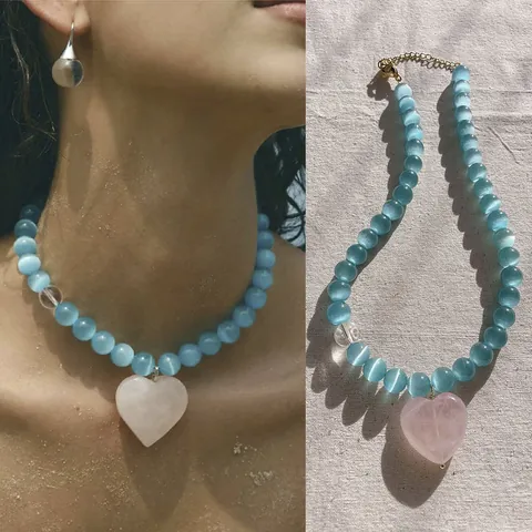 Künstliche Perlenkette Und Armband Herzanhänger Katzenauge Stein Künstliche Perle Titanstahl Vergoldet Sommer Schmuck Für Damen