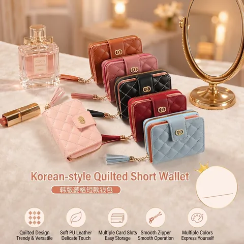 Women Short Wallet Quilted PU Leather Tassel Metal Buckle Multi Card Slots Korean Style Fashion Purse For Lady