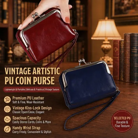 Women Retro PU Leather Wallet With Kiss Lock Metal Buckle Zipper Wrist Strap Card Slots Vintage Mini Coin Purse