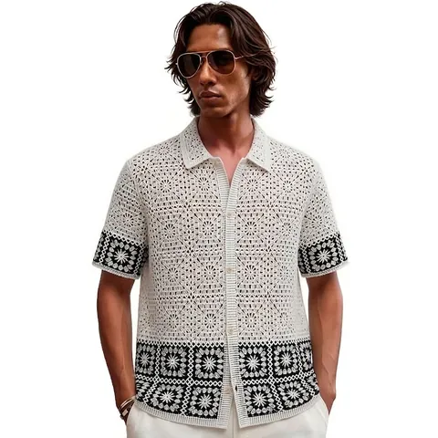 Men's Casual Crochet Polo Shirt Short Sleeve Contrast Color Hollow Out Knitted Cardigan Acrylic Summer Top For Men