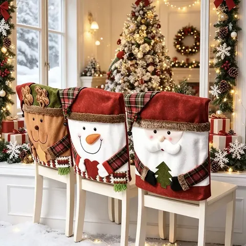Housses De Dossier De Chaise De Noël Père Noël Bonhomme De Neige Renne Tissu Lin Décoration Salle À Manger Festive