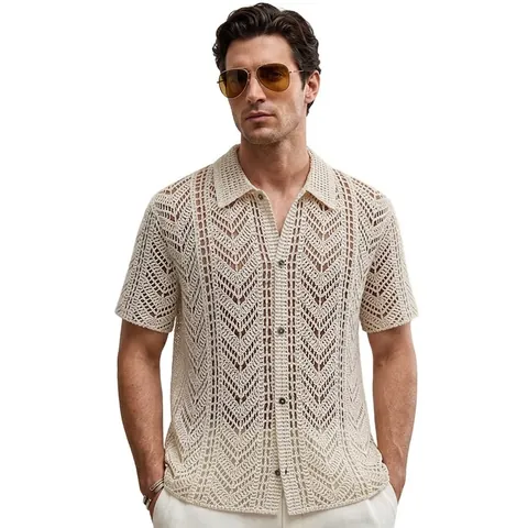Men's Retro Hollow Out Knit Polo Shirt Short Sleeve Button Down Cardigan Casual Breathable Knitted Shirt Top